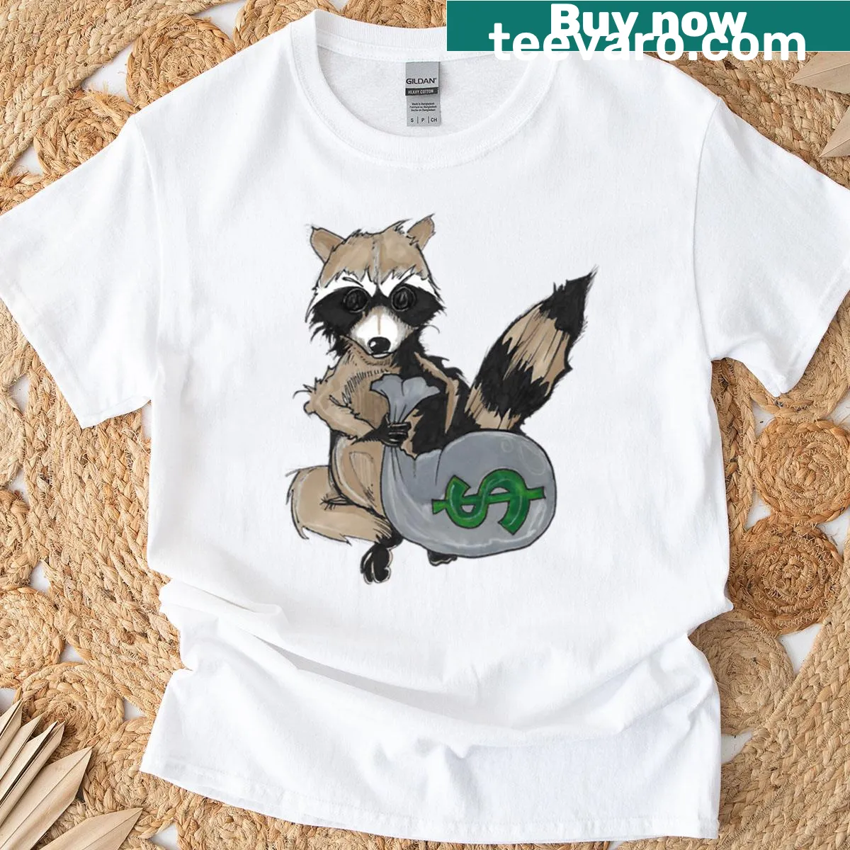 Oversized t-shirt featuring a playful raccoon bandit graphic — on a men's t-shirt