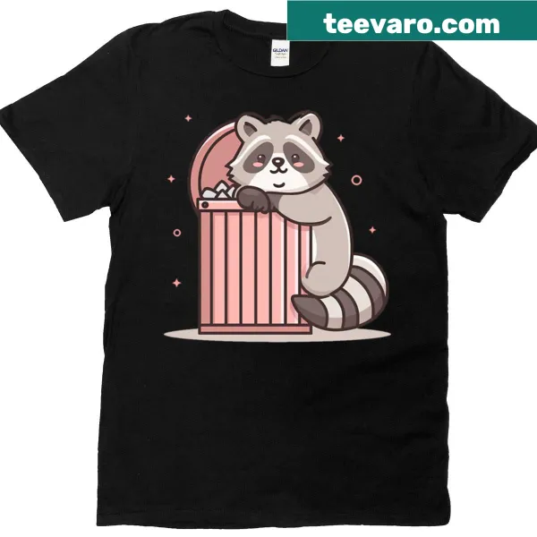 T-shirt featuring a raccoon hugging a trash can