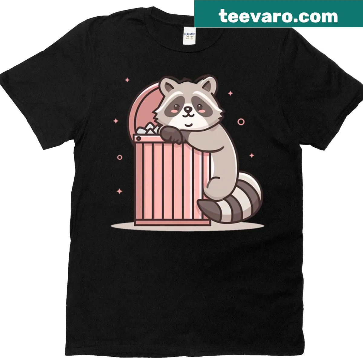 T-shirt featuring a raccoon hugging a trash can — on a men's t-shirt