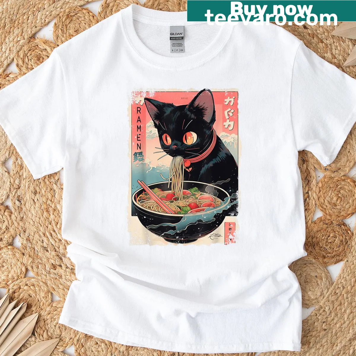 Kawaii cat and ramen graphic T-shirt — on a men's t-shirt
