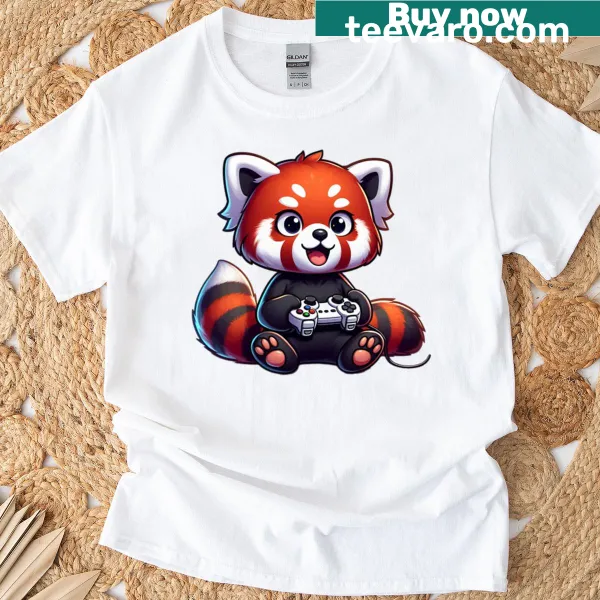 Adorable red panda character playing video games in cartoon style