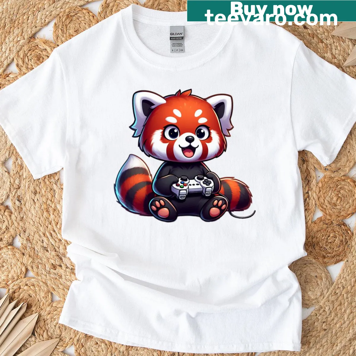 Adorable red panda character playing video games in cartoon style — on a men's t-shirt