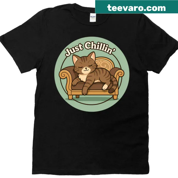 Illustration of a relaxed brown tabby cat on a sofa design.