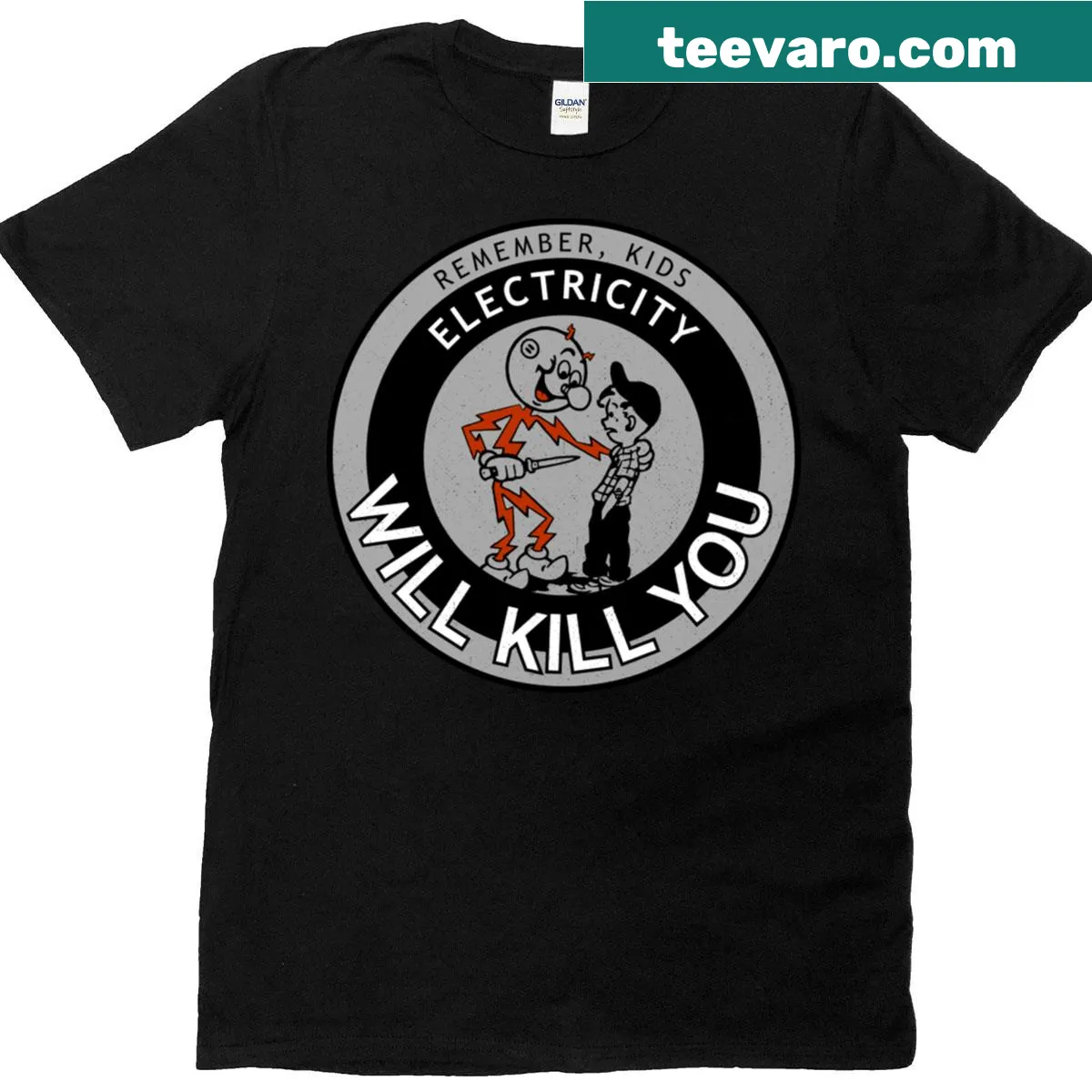 1970s retro electricity public service graphic t-shirt — on a men's t-shirt