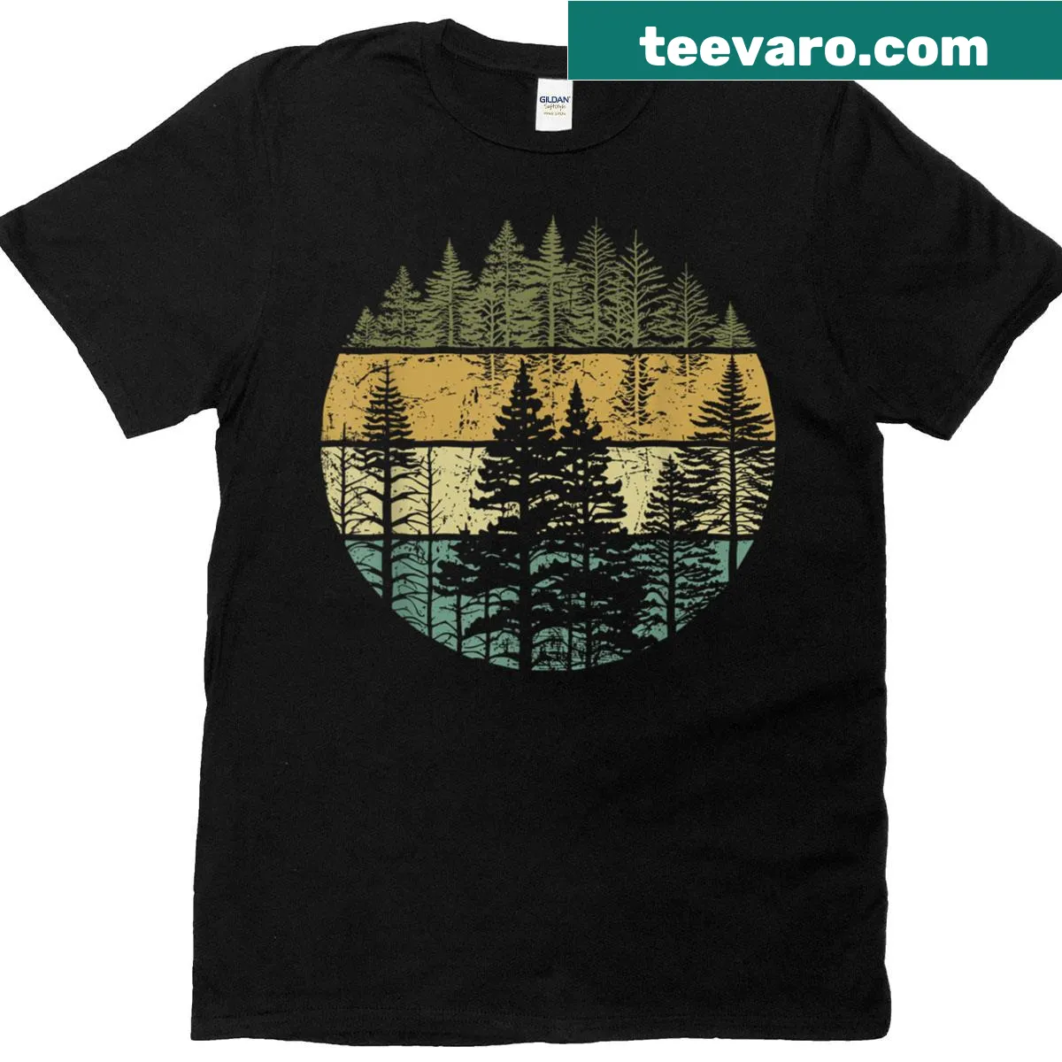 Vintage graphic T-shirt featuring a serene forest trees design. — on a men's t-shirt