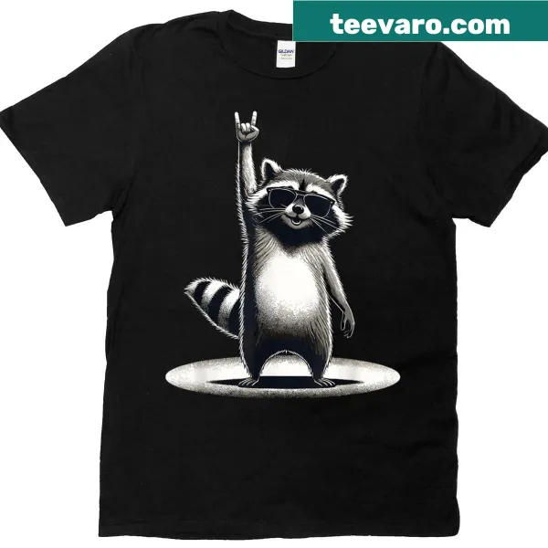 Funny raccoon graphic t-shirt with rock music theme