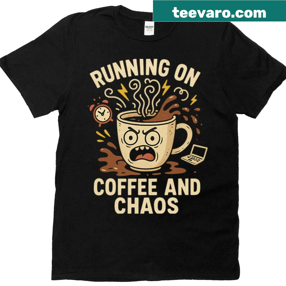Funny caffeine lover t-shirt with humorous text. — on a men's t-shirt