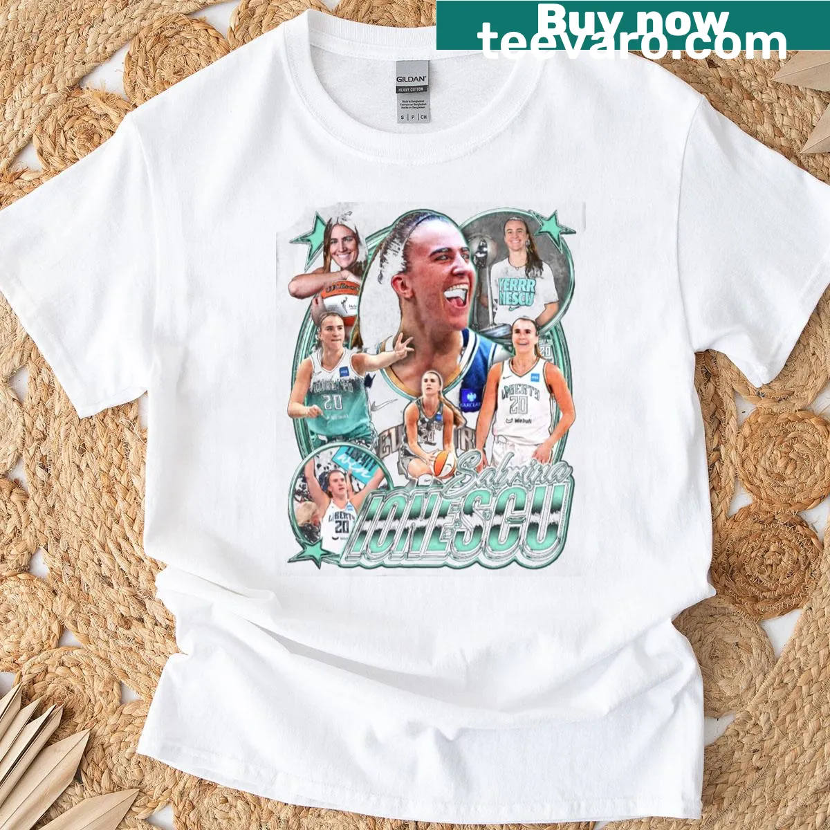 Vintage-style shirt featuring Sabrina Ionescu's name in bootleg design — on a men's t-shirt