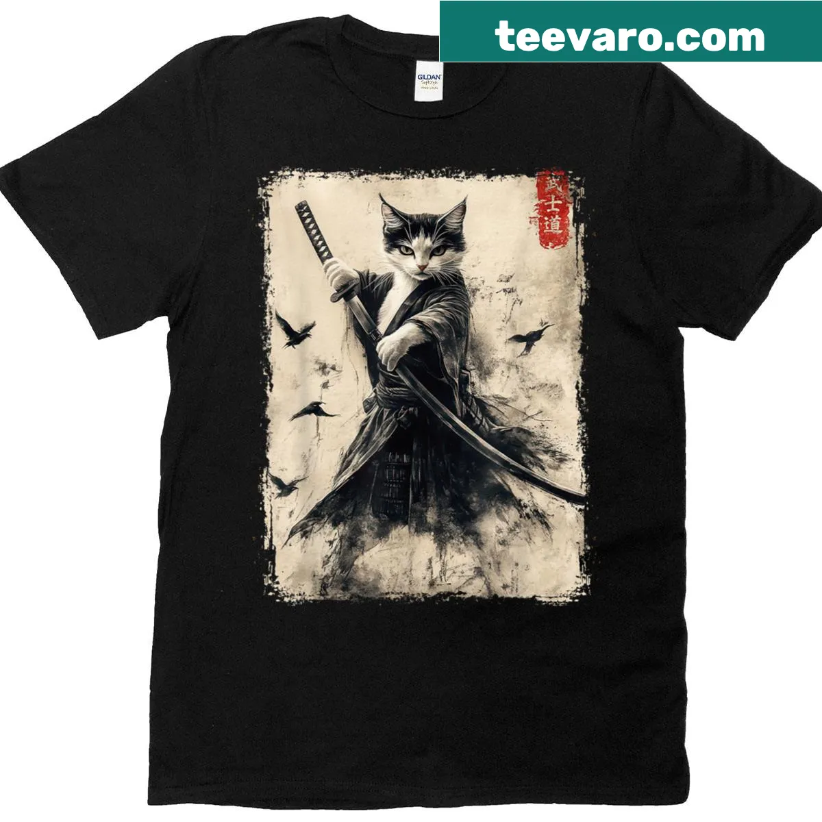 Vintage-style t-shirt with a graphic of a samurai cat in warrior attire — on a men's t-shirt