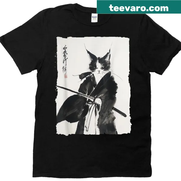 Ukiyo-e style warrior cat graphic T-shirt for cat lovers