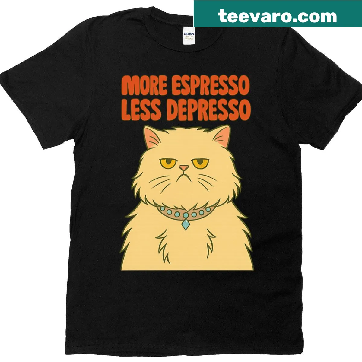 Fun T-shirt with a sassy Persian cat and coffee-related text — on a men's t-shirt