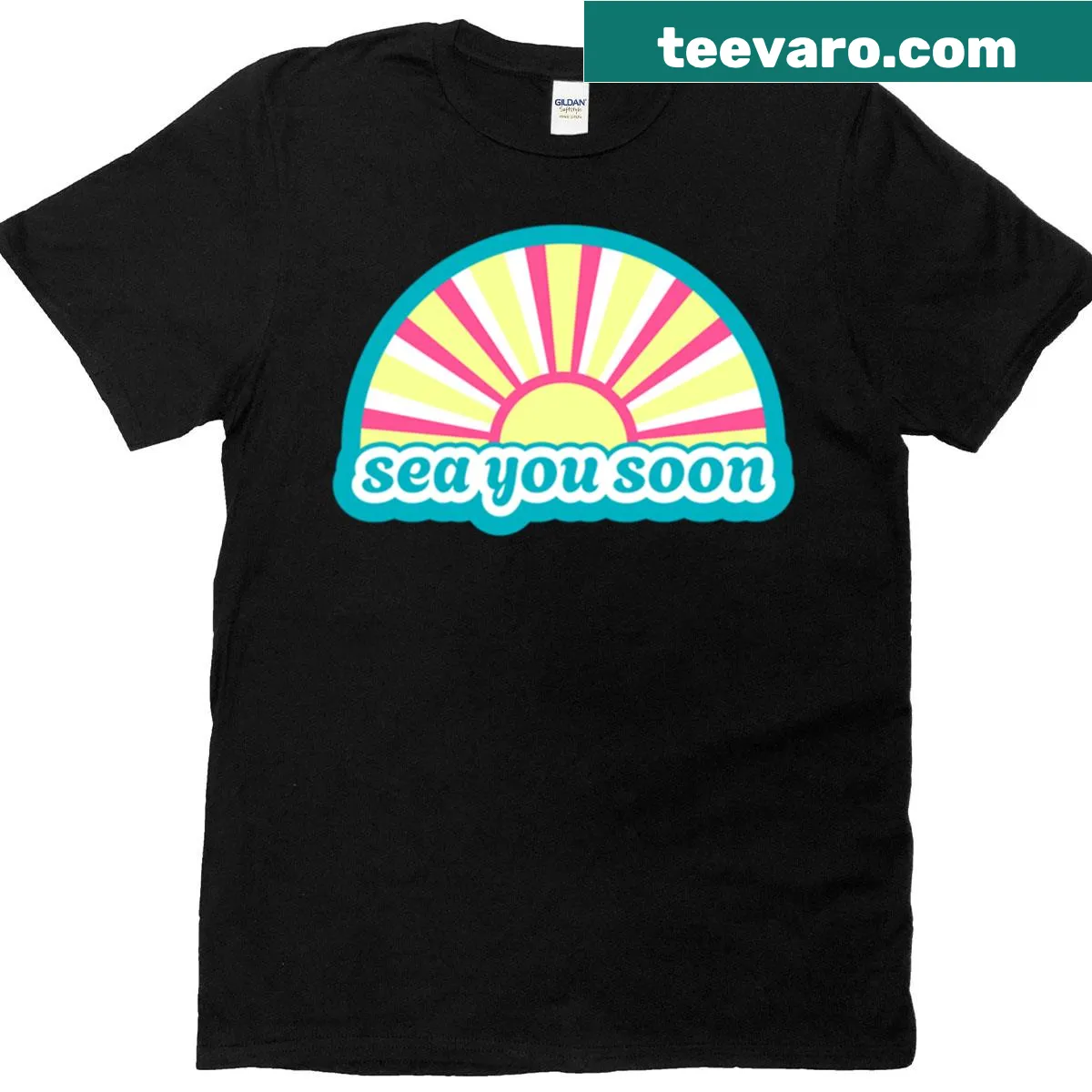 Illustrated oversized tee with waves and 'Sea You Soon' text — on a men's t-shirt