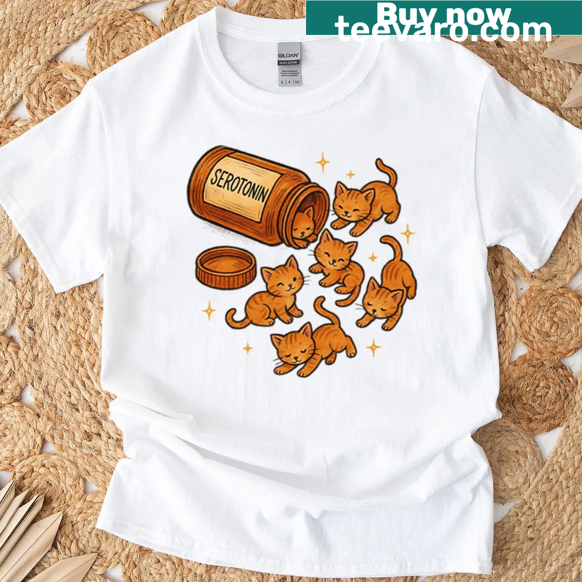 Graphic design featuring 'Serotonin In Feline Form' with cat illustration — on a men's t-shirt