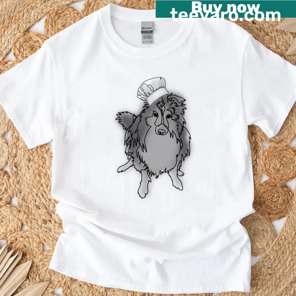 Adorable Sheltie dog illustration in chef hat with cooking utensils