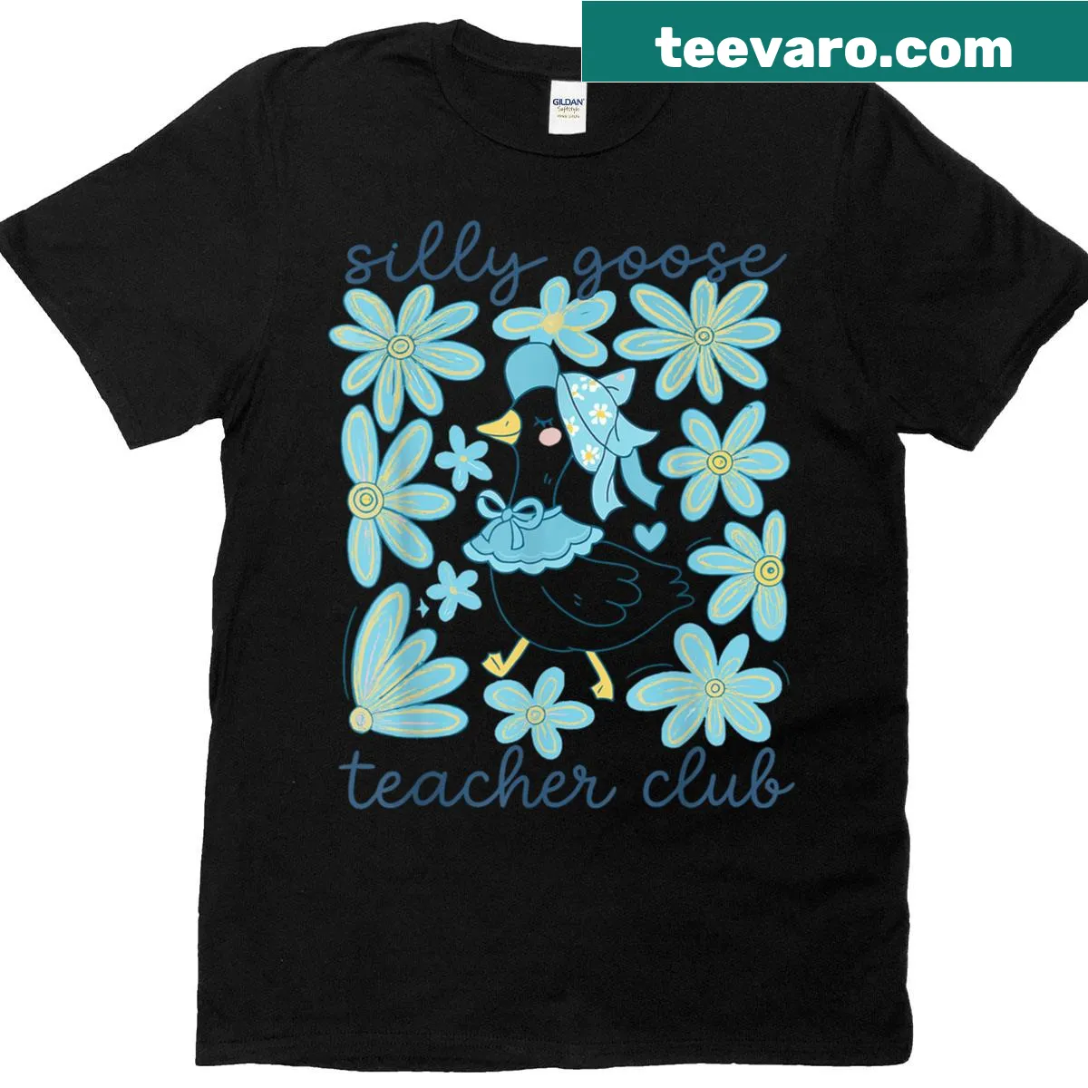 Illustrative T-shirt with a silly goose design for teachers — on a men's t-shirt
