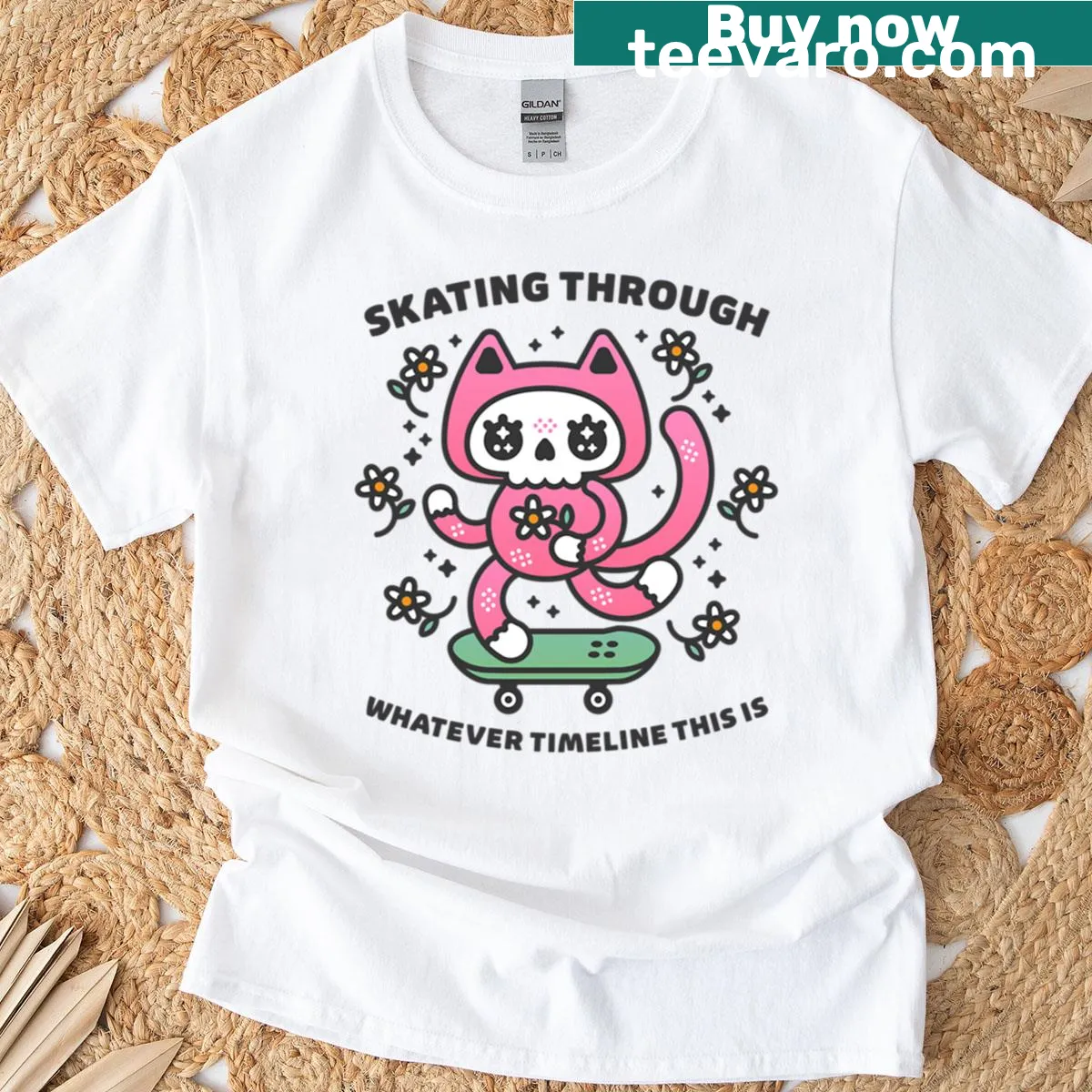 Cute skeleton cat on skateboard graphic T-shirt — on a men's t-shirt
