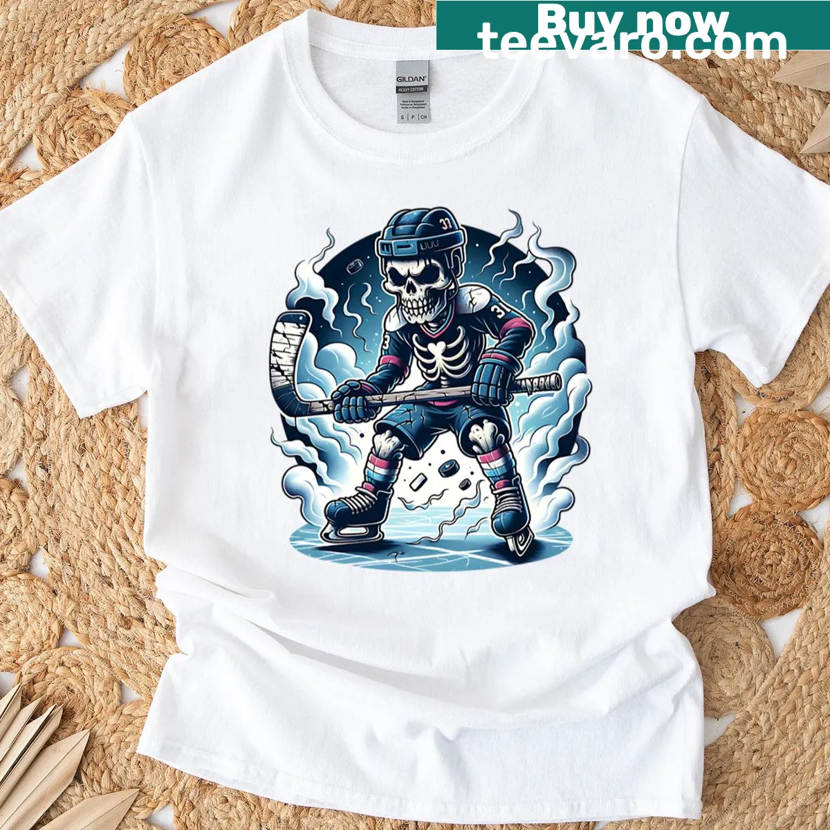Oversized t-shirt featuring a skeleton ice hockey player illustration — on a men's t-shirt