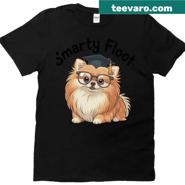 Playful text 'Smarty Floof' with a Pomeranian illustration on a T-shirt.
