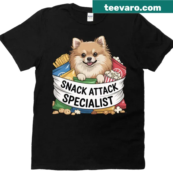 T-shirt with 'Snack Attack Specialist' text and playful font for dog lovers
