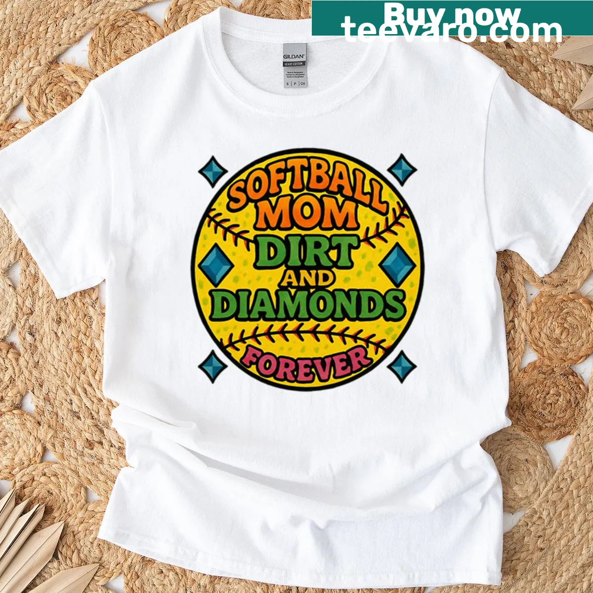 Softball mom t-shirt with dirt and diamonds graphic — on a men's t-shirt