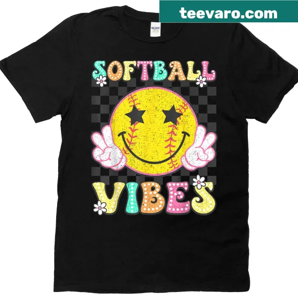 Retro softball-themed T-shirt with groovy graphics for women