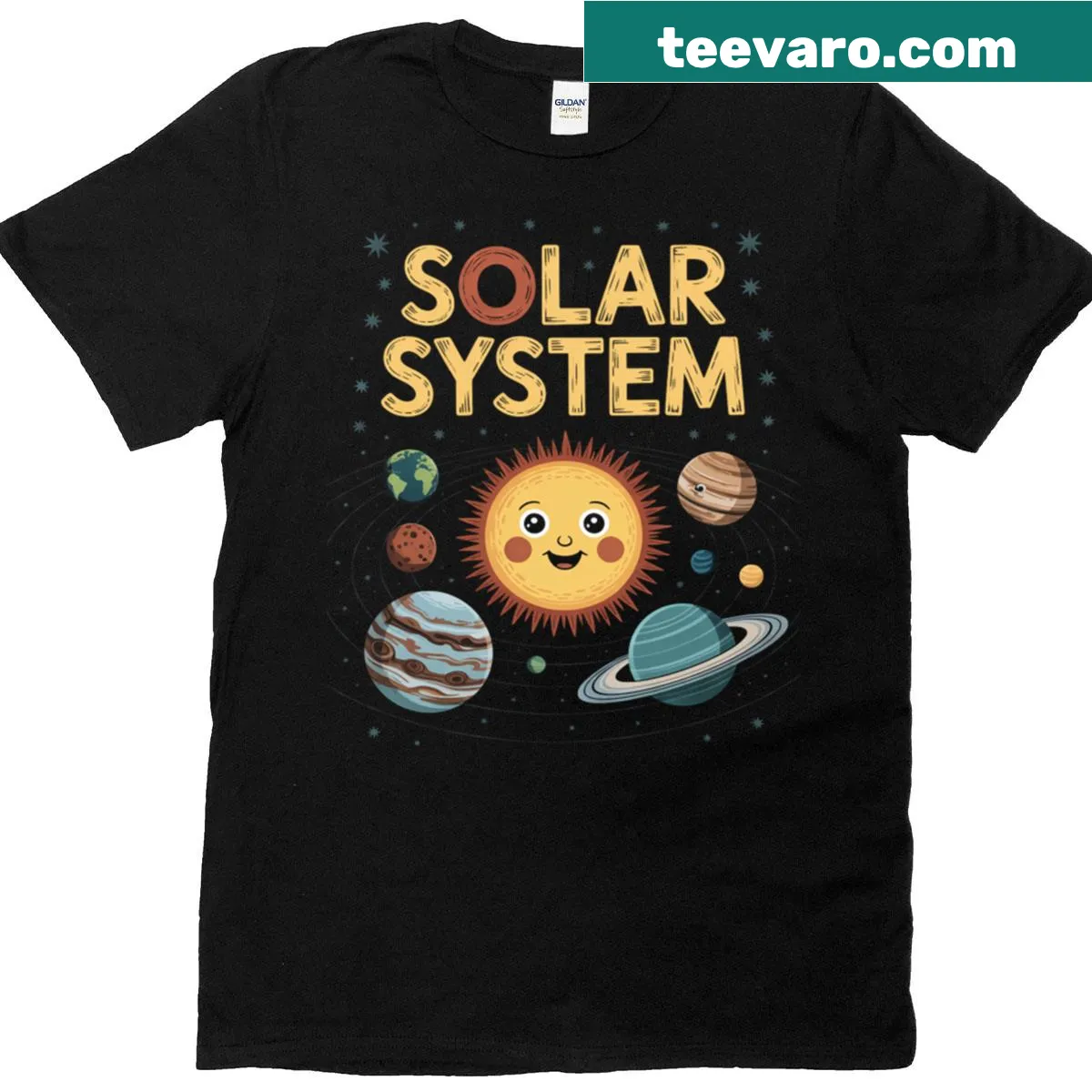 Illustrated solar system t-shirt with planets for kids — on a men's t-shirt