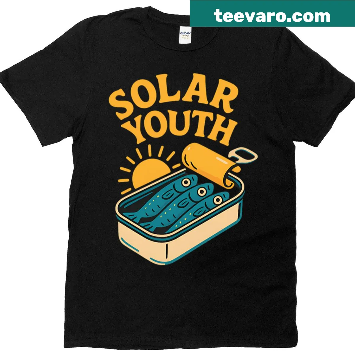 Cartoon sardine tin graphic on a summer-themed T-shirt for kids — on a men's t-shirt