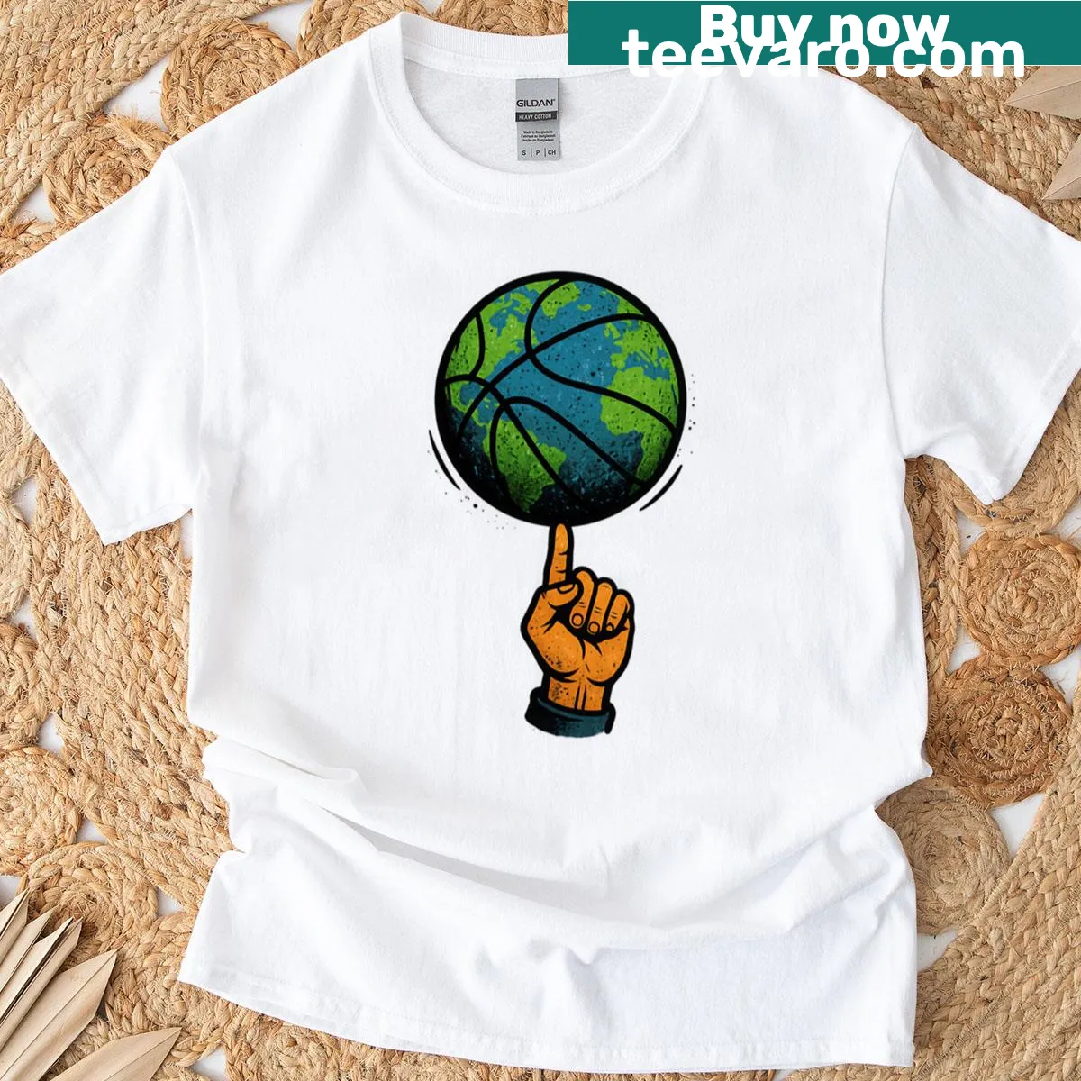 T-shirt with spinning basketball planet design — on a men's t-shirt