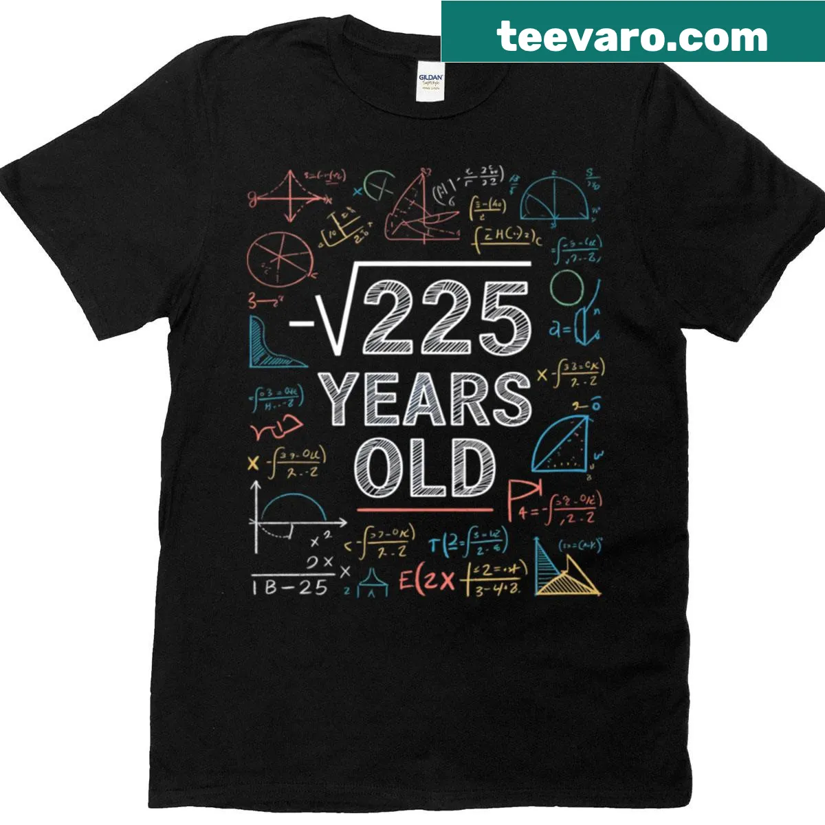 Math-themed T-shirt for 15th birthday featuring Square Root of 225 — on a men's t-shirt