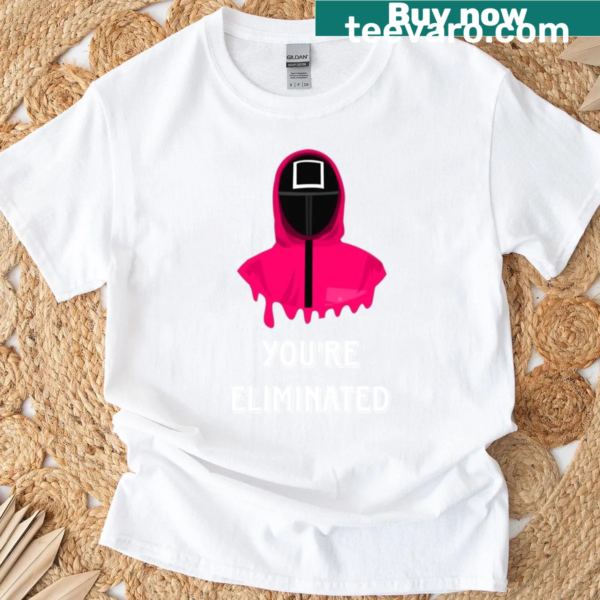 Graphic t-shirt featuring Squid Game Square emblem — on a men's t-shirt