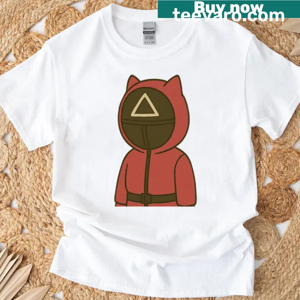 Cartoon-style Squid Game Triangle Guard t-shirt featuring playful graphics.