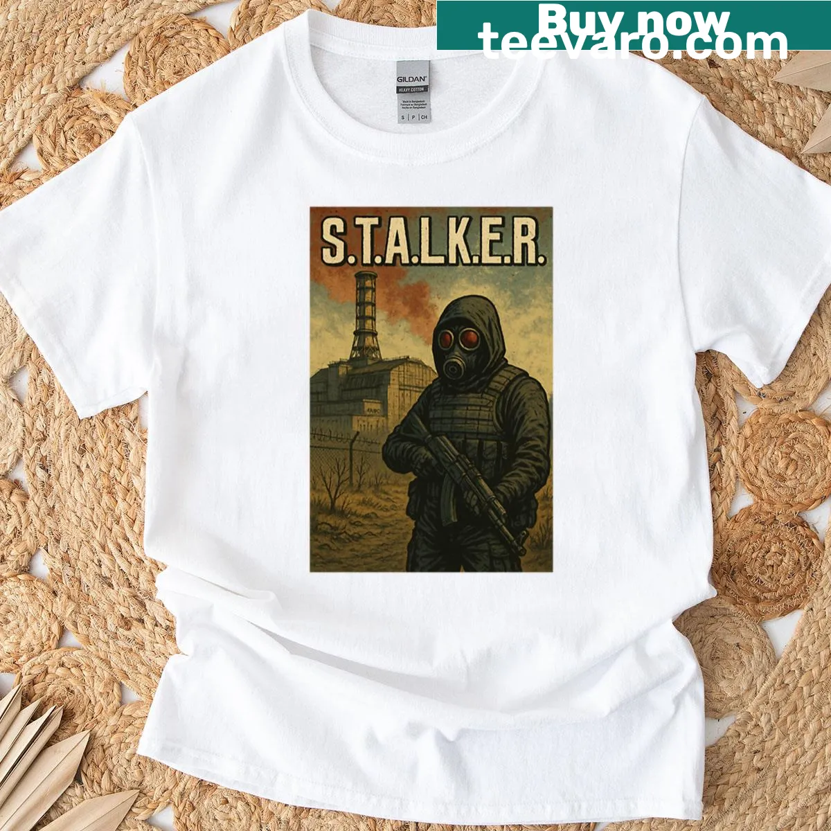 Stalker 2 inspired T-shirt with figure in front of Chernobyl — on a men's t-shirt