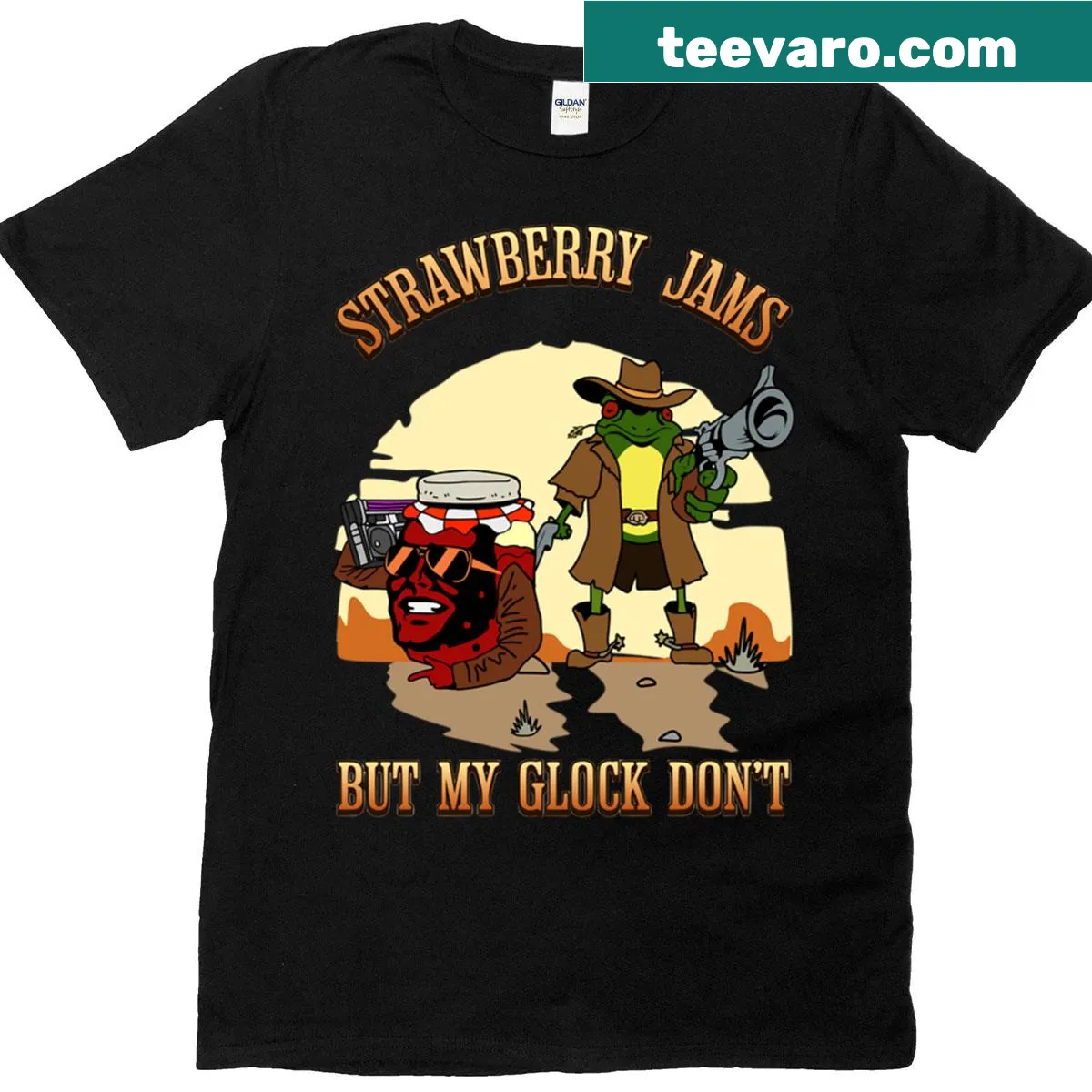 Cowboy frog with strawberry jam graphic T-shirt — on a men's t-shirt