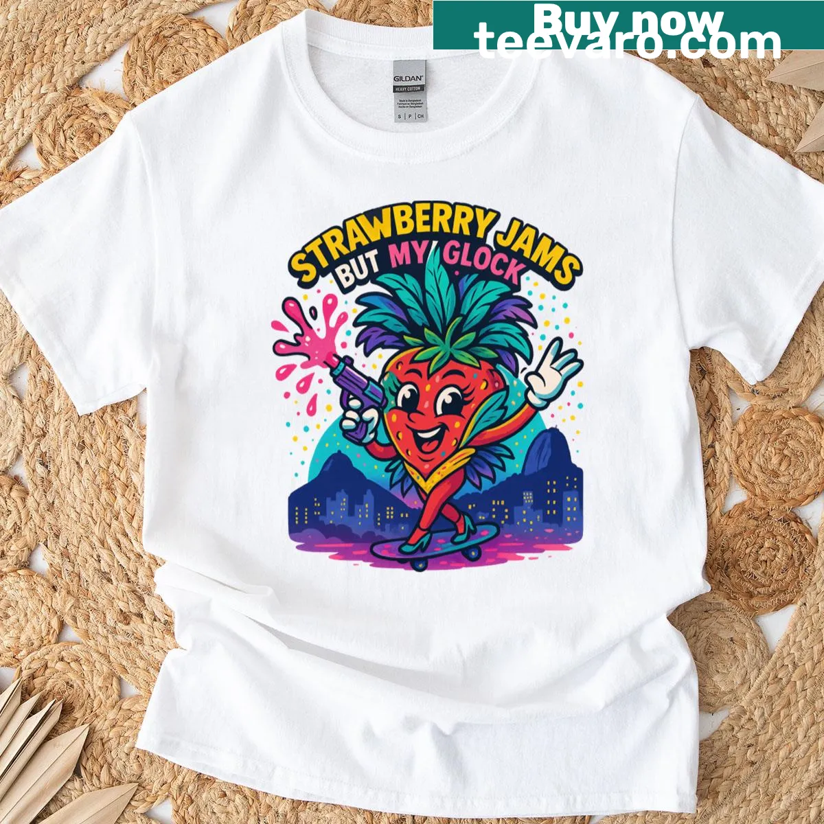 Funny graphic t-shirt featuring Glock and strawberry jam design — on a men's t-shirt