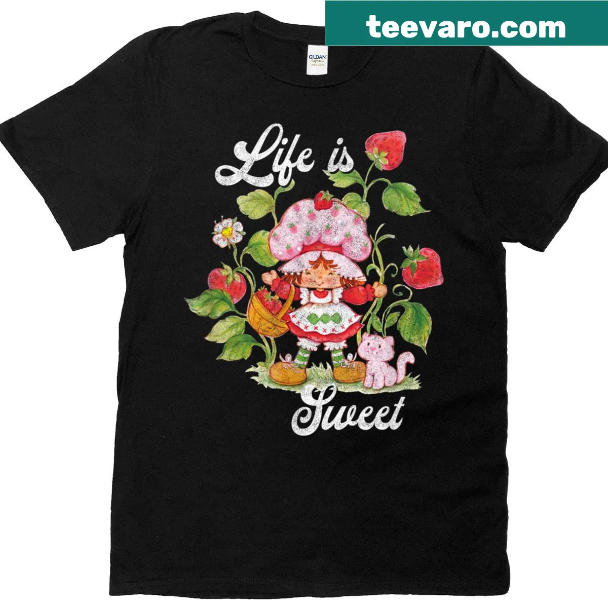 Vintage berry garden t-shirt featuring strawberry shortcake design — on a men's t-shirt