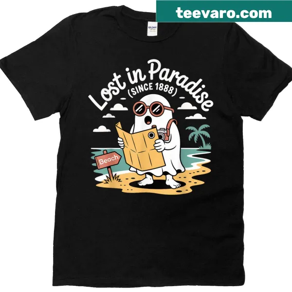 Gothic beach scene graphic T-shirt with spooky elements.