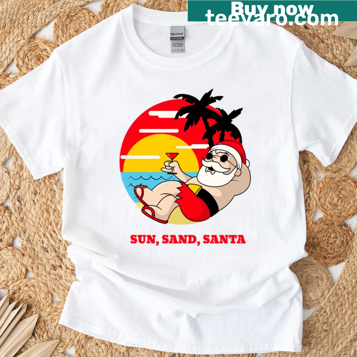 Festive T-shirt featuring Santa in a beach setting — on a men's t-shirt
