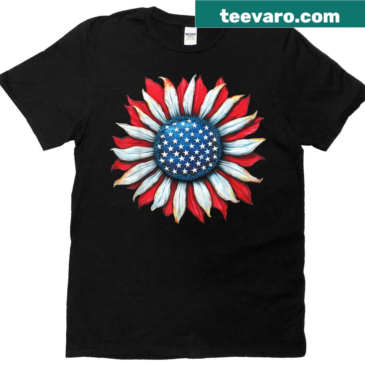 Sunflower and American flag design on a patriotic t-shirt — on a men's t-shirt