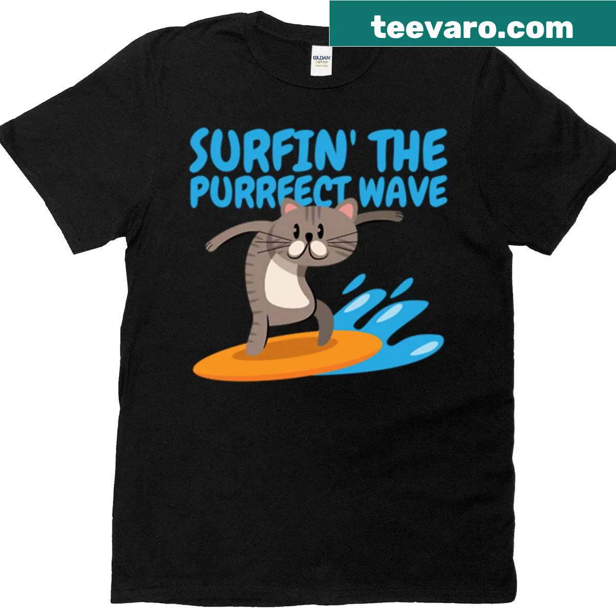 Cartoon cat surfing on a wave on a cute T-shirt. — on a men's t-shirt