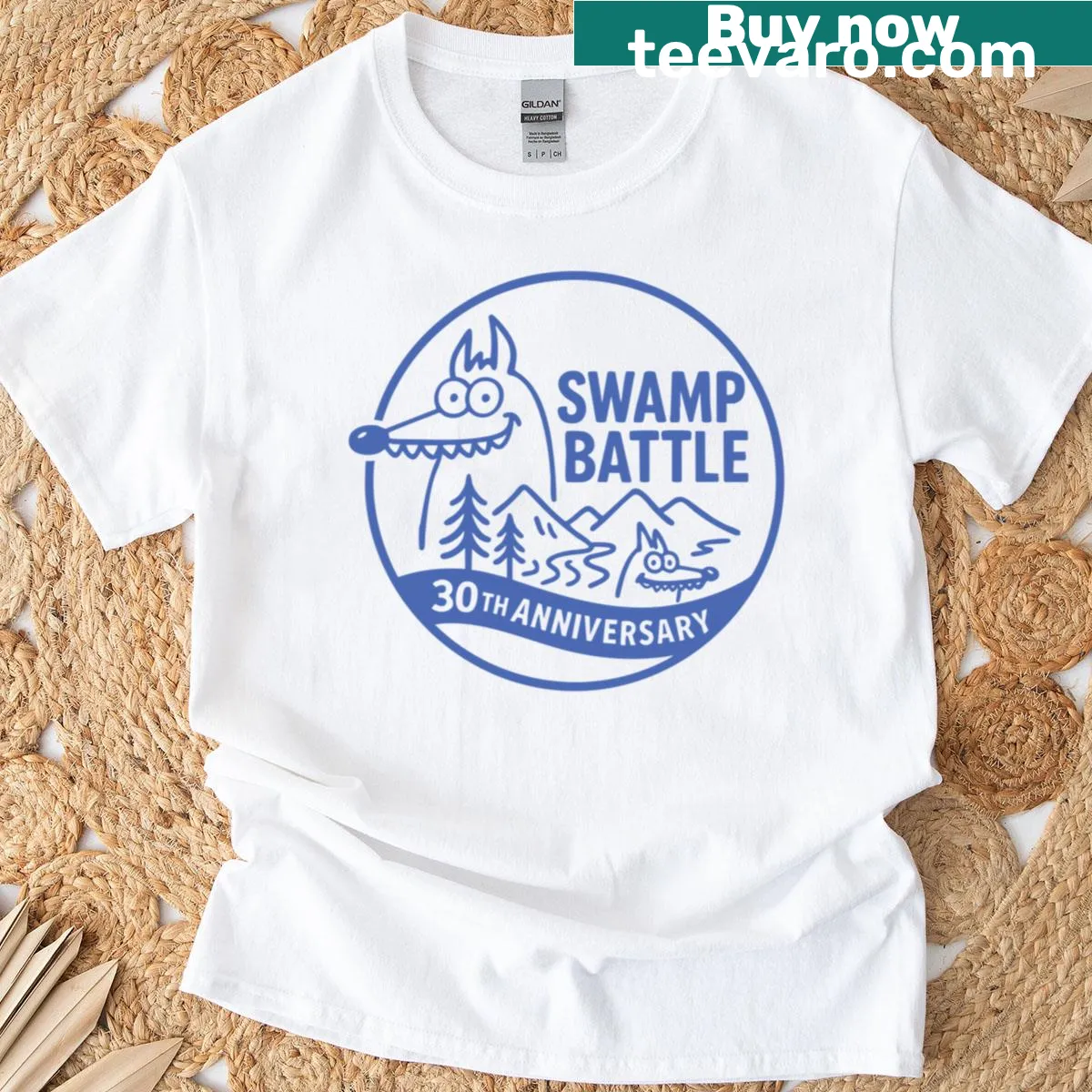 Swamp battle t-shirt featuring a vibrant illustration of creatures in a swamp — on a men's t-shirt
