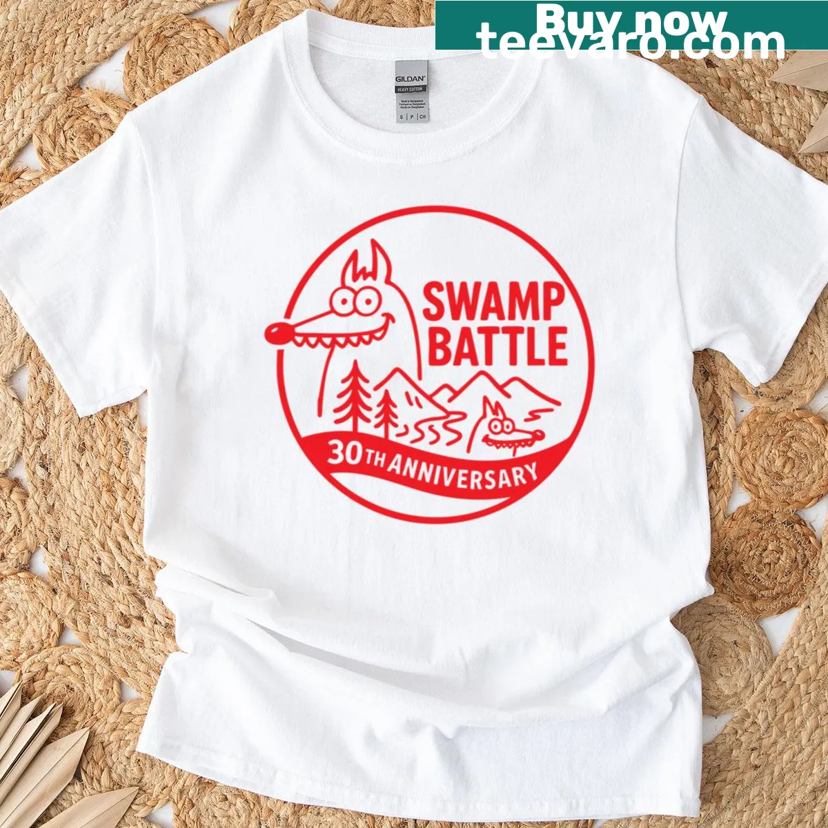 Bold silhouette swamp battle design on a t-shirt — on a men's t-shirt