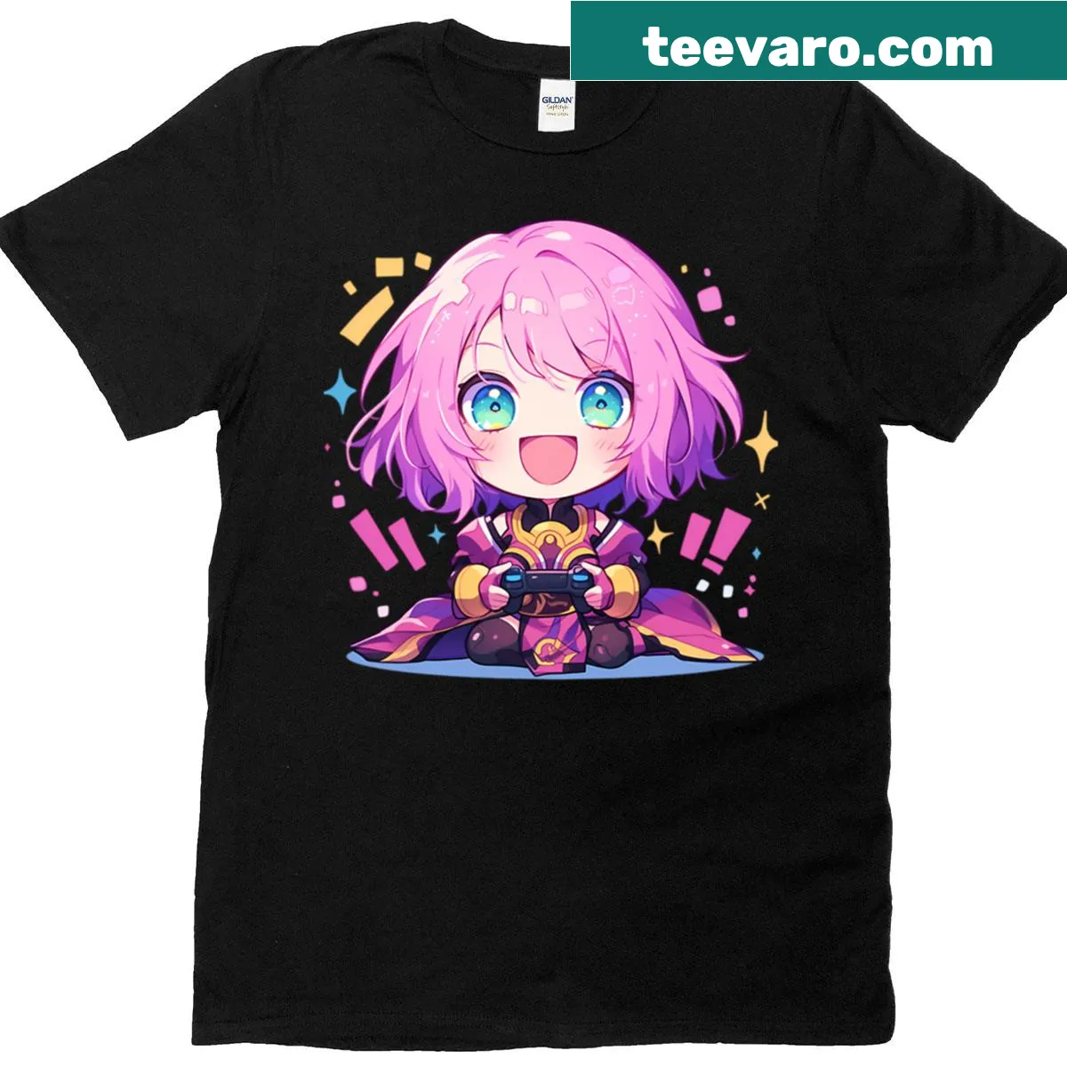 Chibi anime character t-shirt featuring pink hair and gaming elements — on a men's t-shirt