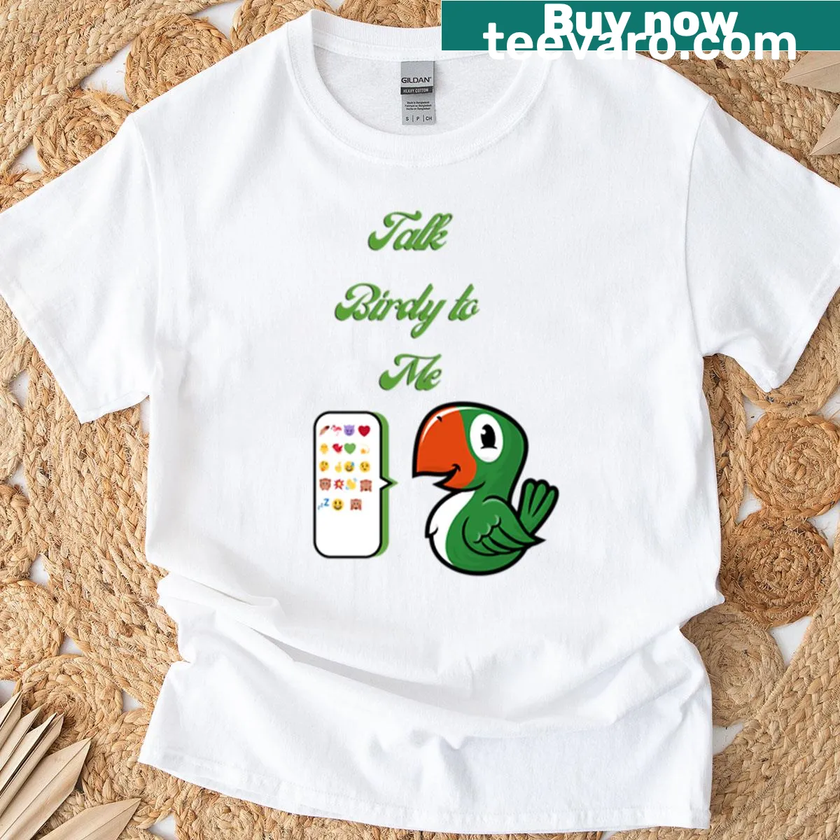 Funny T-shirt with parrot emoji and Talk Birdy To Me phrase — on a men's t-shirt