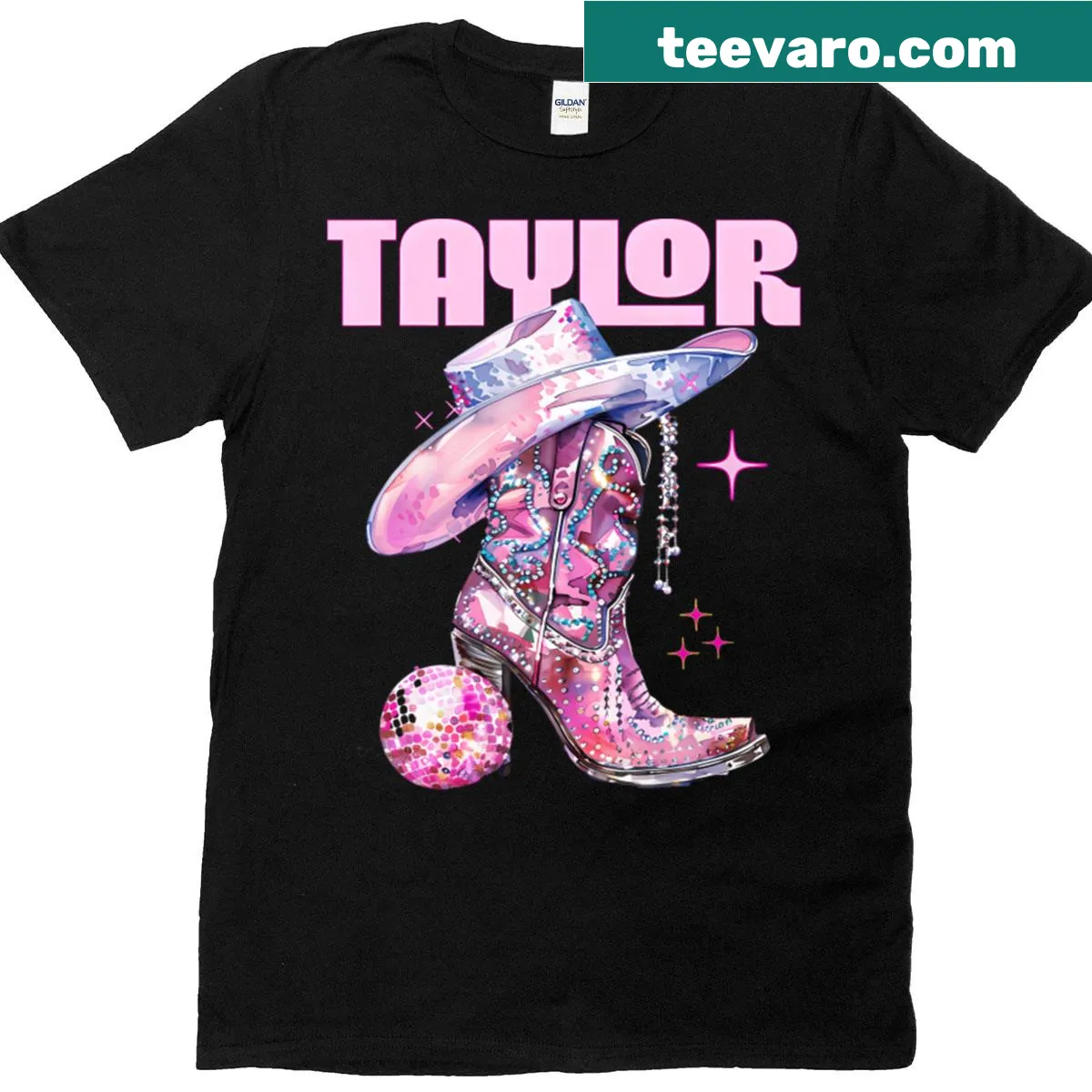 T-shirt featuring the name Taylor in retro disco pink cowgirl design — on a men's t-shirt