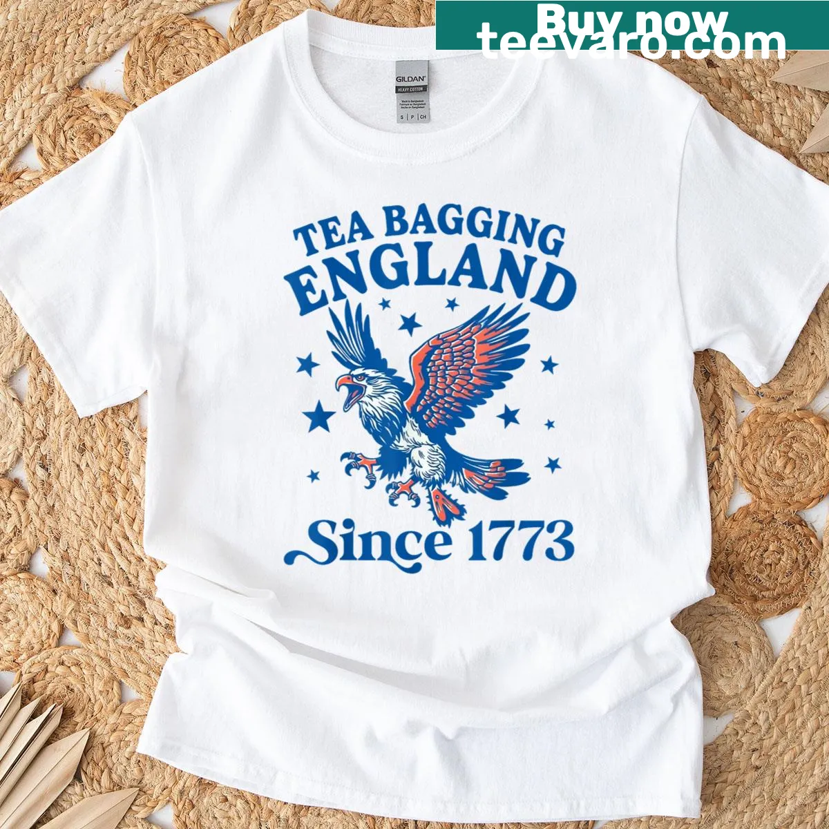 Distressed patriotic t-shirt with eagle and historical text — on a men's t-shirt