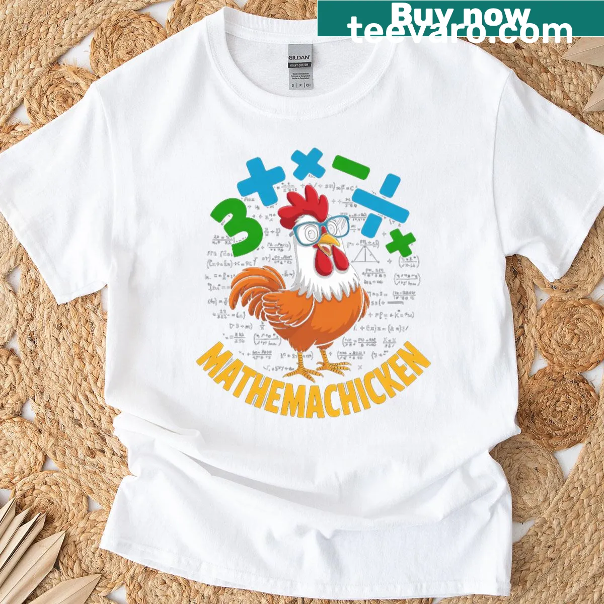 Playful chicken and math-themed teacher t-shirt — on a men's t-shirt