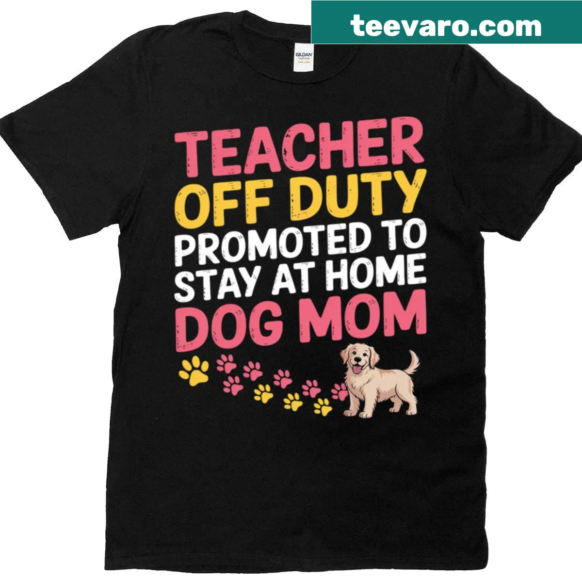 Off Duty Promoted To Dog Mom T-shirt with humorous text. — on a men's t-shirt