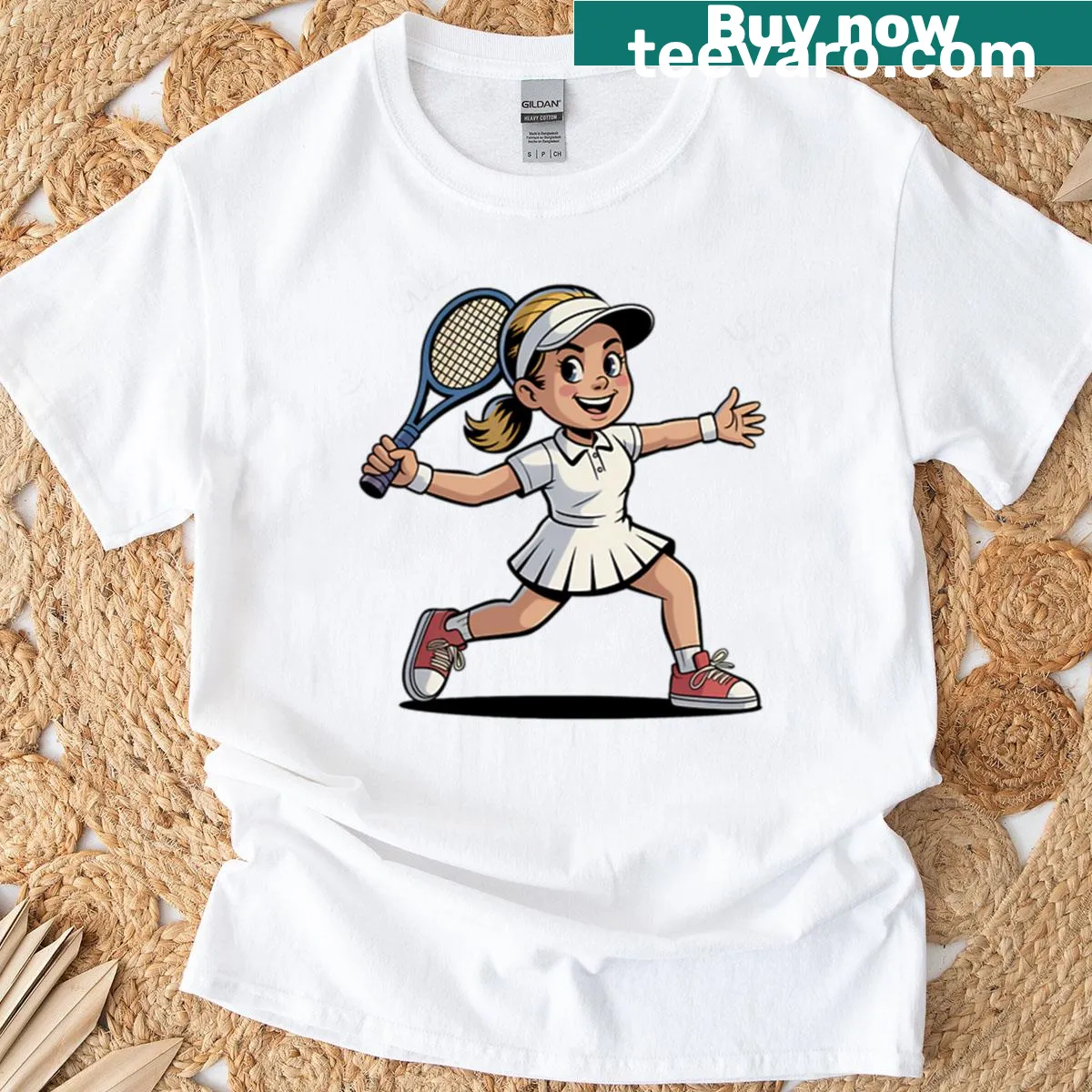 Vintage cartoon logo t-shirt featuring a tennis girl — on a men's t-shirt