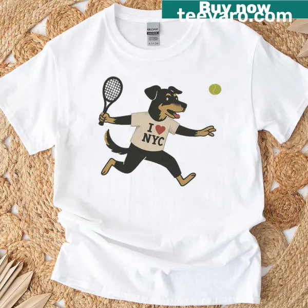 Illustrative t-shirt of a tennis-loving pup in NYC