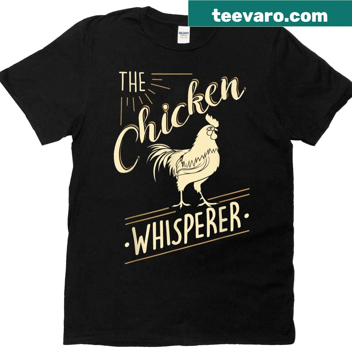 Funny Chicken Whisperer t-shirt with cartoon chicken graphic — on a men's t-shirt